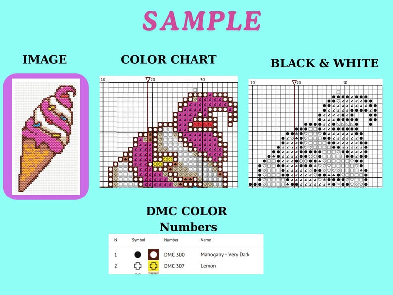 May include: A cross-stitch pattern featuring a colorful ice cream cone with a pink swirl, white and yellow sprinkles, and a brown cone. The image includes a color chart, a black and white version, and DMC color numbers.
