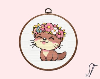 Otter Cross Stitch Pattern | Flowers Cross Stitch Pattern, instant PDF download
