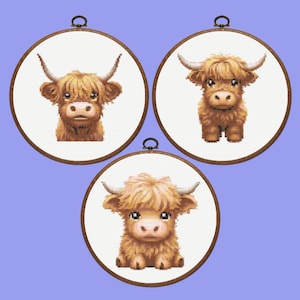 Highland Cow Cross Stitch Pattern |  Set of 3Highland Cattle Cross Stitch Pattern, instant dowload