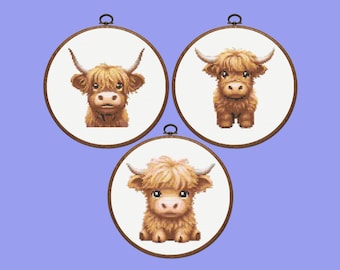 Highland Cow Cross Stitch Pattern |  Set of 3 Highland Cattle Cross Stitch Pattern, instant download