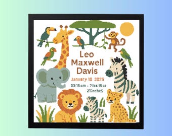 Birth Announcement Cross Stitch Pattern PDF | Safari Animals Sampler | DIY Baby Shower Easy Chart | instant  download PDF