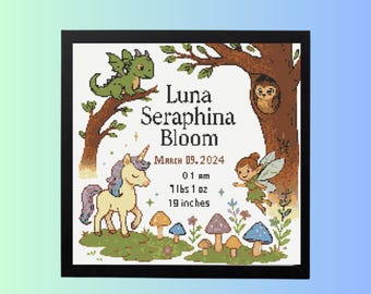 Birth Announcement Cross Stitch Pattern PDF | Fairy Forest Sampler | DIY Baby Shower Easy Chart- instant  PDF