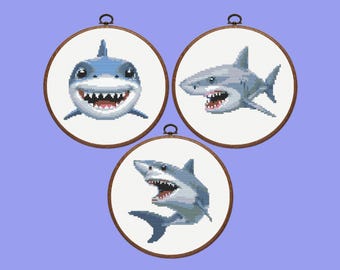 Shark Cross Stitch Pattern |  Set of 3 Shark Cross Stitch Pattern, instant download