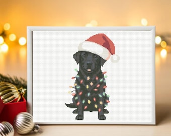 Kersthond kruissteekpatroon, zwart Labrador kruissteekpatroon, direct te downloaden