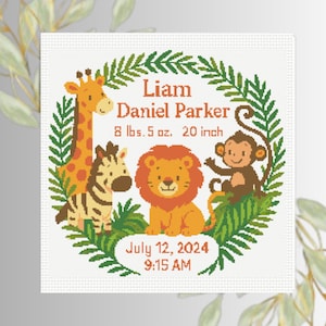 Birth Announcement Cross Stitch Pattern PDF | Safari Animals Sampler | DIY Baby Shower Easy Chart | instant Dowload PDF