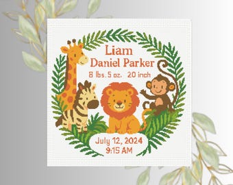 Birth Announcement Cross Stitch Pattern PDF | Safari Animals Sampler | DIY Baby Shower Easy Chart | instant PDF download