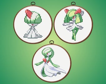 Set van 3 Ralts Evolution kruissteekpatronen | Ralts Kirlia Gardevoir Pokémon PDF download | Anime borduurpakket met psychische en fee-thema