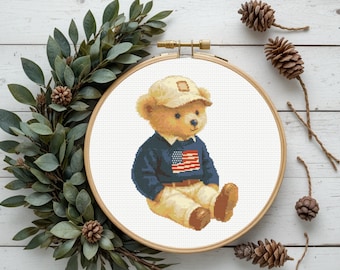 Amerikaans teddybeer borduurpatroon, direct te downloaden als PDF.