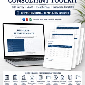 Op de afbeelding: Een laptop toont een "Site Survey Report Template" met een stapel gerelateerde documenten. De afbeelding promoot een "Technical Consultant Toolkit" met 10 professionele sjablonen, waaronder audit-, veldservice- en inspectiesjablonen. De toolkit is voor consultants, ingenieurs en professionals.