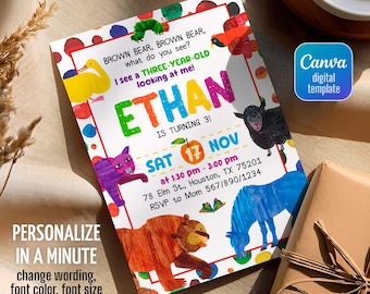 May include: A colorful birthday invitation featuring illustrations from the children's book "Brown Bear, Brown Bear, What Do You See?" The invitation includes the name "ETHAN", the date, time, and location of the party.