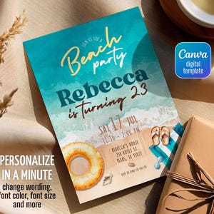 Beach or Pool Party Birthday Invitation, Editable Summer Theme Digital Invite, Swim Celebration Evite, Tropical Printable Template