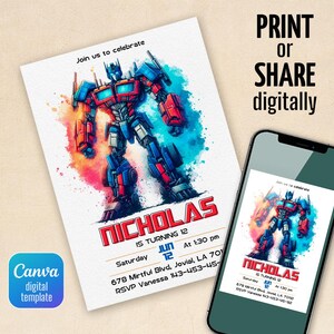 May include: A birthday party invitation featuring a colorful illustration of a robot. The invitation includes the name "Nicholas", the age "12", and event details. The text "Print or Share Digitally" is also visible.