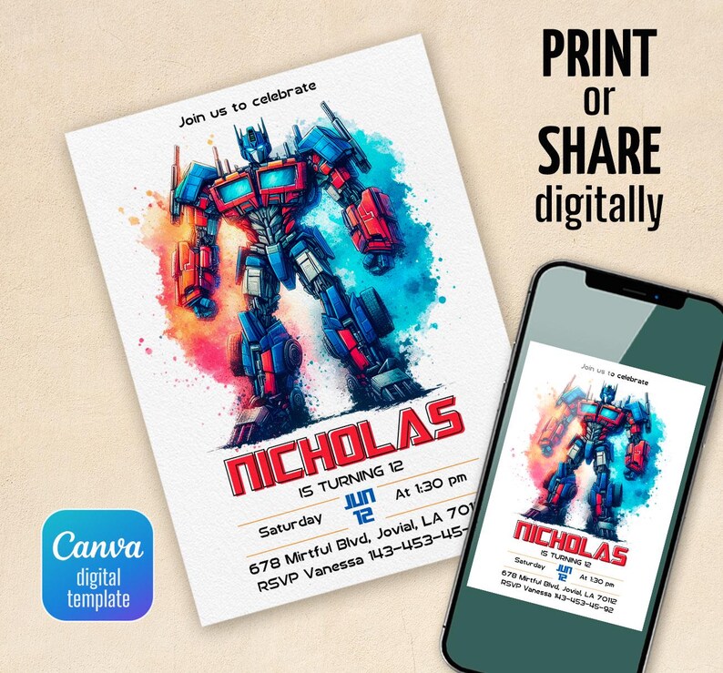 May include: A birthday party invitation featuring a colorful illustration of a robot. The invitation includes the name "Nicholas", the age "12", and event details. The text "Print or Share Digitally" is also visible.