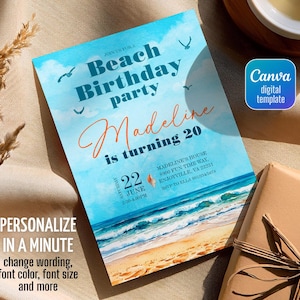Beach or Pool Party Birthday Invitation, Editable Summer Theme Digital Invite, Swim Celebration Evite, Tropical Printable Template