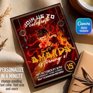 Convite de aniversário Ne Zha 2, tema de festa de heróis chineses, download digital, convite de anime para imprimir para meninos, modelo de convite editável