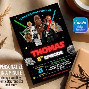 May include: Black invitation featuring Lego Star Wars characters with lightsabers. The invitation reads "Thomas 8th Episode" with event details and the text "Personalise in a minute". A Canva digital template.