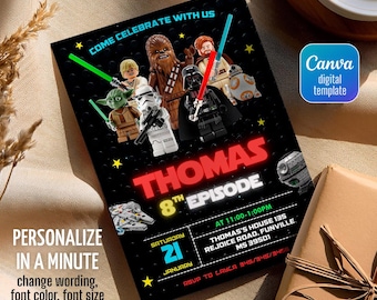 May include: Black invitation featuring Lego Star Wars characters with lightsabers. The invitation reads "Thomas 8th Episode" with event details and the text "Personalize in a minute". A Canva digital template.