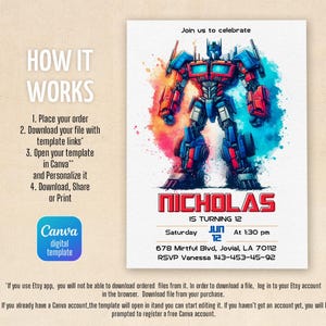 May include: A birthday invitation featuring a watercolor illustration of a robot in red, blue, and silver. The invitation includes the name "Nicholas", the date, time, and location of the party. The Canva digital template is also shown.