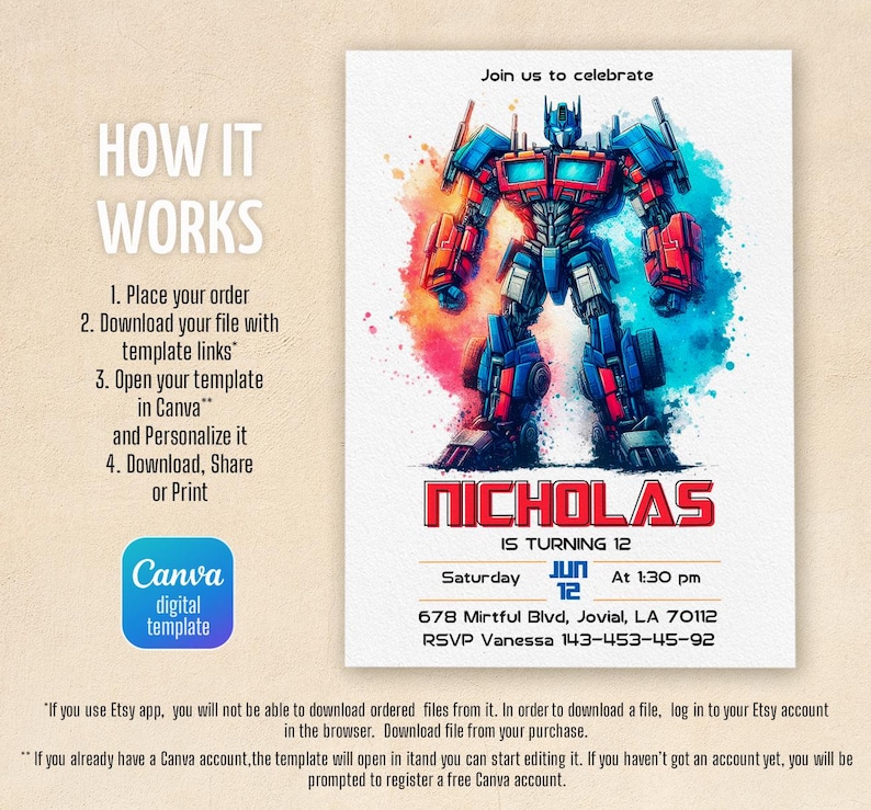 May include: A birthday invitation featuring a watercolor illustration of a robot in red, blue, and silver. The invitation includes the name "Nicholas", the date, time, and location of the party. The Canva digital template is also shown.