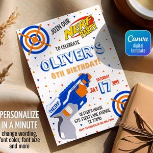 May include: A printable birthday party invitation with a blue and orange Nerf gun, a target, and the text "Join our Nerf Party to celebrate Oliver's 8th Birthday!"  Saturday, July 17, 3PM. Oliver's House, 675 First Lane Avenue, TX 77890. RSVP to Kristalyn 123.456.7890.