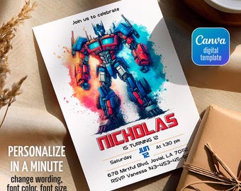 May include: A birthday invitation featuring a watercolor illustration of a robot in red, blue, and teal. The invitation reads "Nicholas is turning 12" with event details. The text "Personalize in a minute" is also visible.