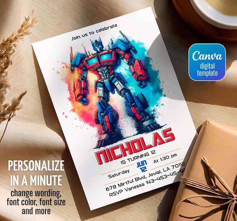 May include: A birthday invitation featuring a watercolor illustration of a robot in red, blue, and teal. The invitation reads "Nicholas is turning 12" with event details. The text "Personalize in a minute" is also visible.