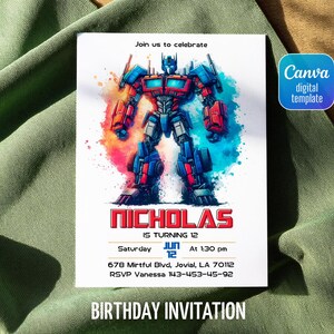 May include: Birthday invitation featuring a colorful illustration of a robot. The invitation includes the name "Nicholas", the age "12", and event details. The design incorporates red, blue, and orange hues, with the text "Birthday Invitation" at the bottom.