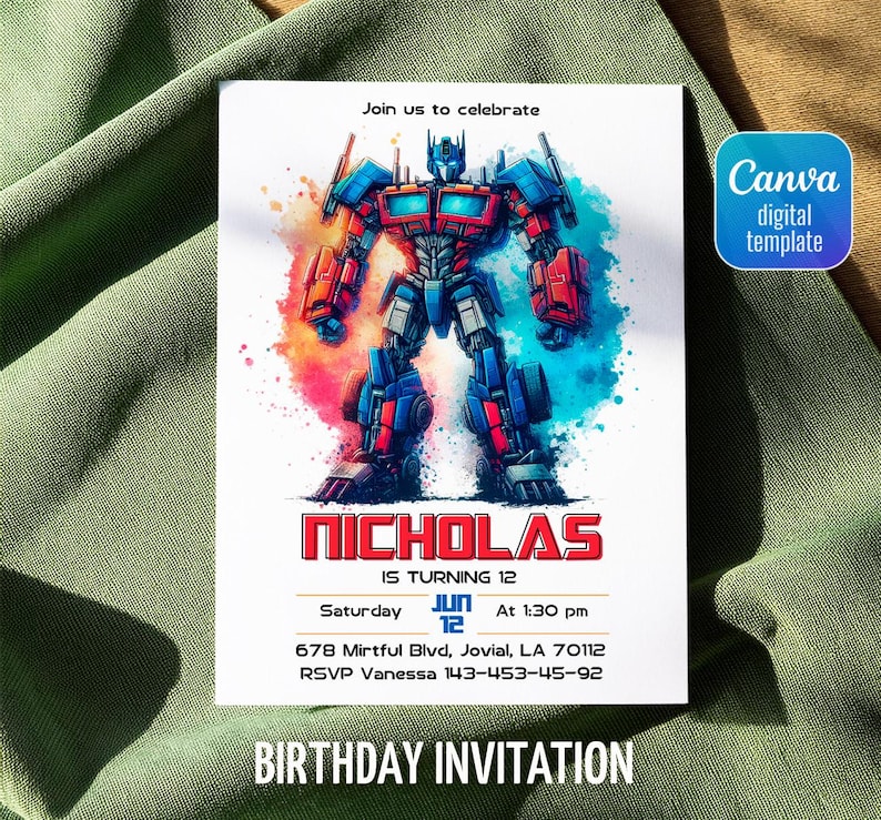 May include: Birthday invitation featuring a colorful illustration of a robot. The invitation includes the name "Nicholas", the age "12", and event details. The design incorporates red, blue, and orange hues, with the text "Birthday Invitation" at the bottom.