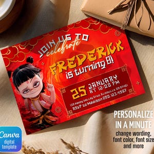 Convite de aniversário Ne Zha 2, tema de festa de heróis chineses, download digital, convite de anime para imprimir para meninos, modelo de convite editável