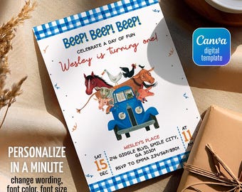 Farm Animals birthday invitation, Blue Truck invitation, Oink Moo Baa invite, Little Blue, Barnyard Animals party invite template, 1st, 2nd