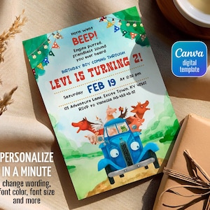 May include: A colorful birthday invitation featuring a blue truck filled with farm animals. The invitation reads "Levi is turning 2!" with the date February 19th and RSVP information. The design includes the text "Personalize in a minute" and a "Canva digital template" logo.
