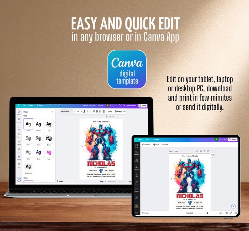 May include: A digital template for a birthday party invitation, featuring a colorful illustration of a robot. The invitation is displayed on a laptop and tablet, with the text "EASY AND QUICK EDIT" and "Canva digital template".
