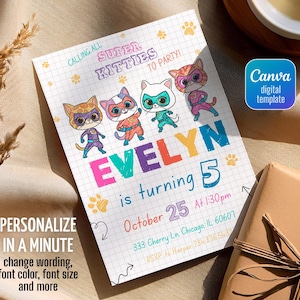May include: A rectangular birthday invitation card featuring a grid background and four cartoon cats in superhero costumes. The text reads: CALLING ALL SUPER KITTIES TO PARTY! EVELYN is turning 5. October 25 at 1:30pm. 333 Cherry Ln, Chicago, IL 60607. RSVP to Harper 234.876.5432.