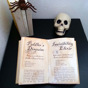 May include: An open book with handwritten text and illustrations, featuring titles like "Peddler's Disguise" and "Invisibility Elixir." A plastic skull and a decorative spider rest nearby, creating a Halloween or fantasy theme.