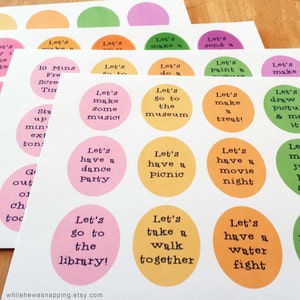 May include: A set of colorful printable activity ideas for kids. The circles feature phrases like "Let's play in the water", "Let's make some music", "Let's go to the library", and "Let's have a water fight".