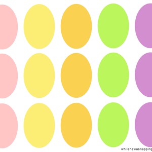 May include: A set of 15 pastel colored circles in pink, yellow, and green. The circles are arranged in three rows of five.