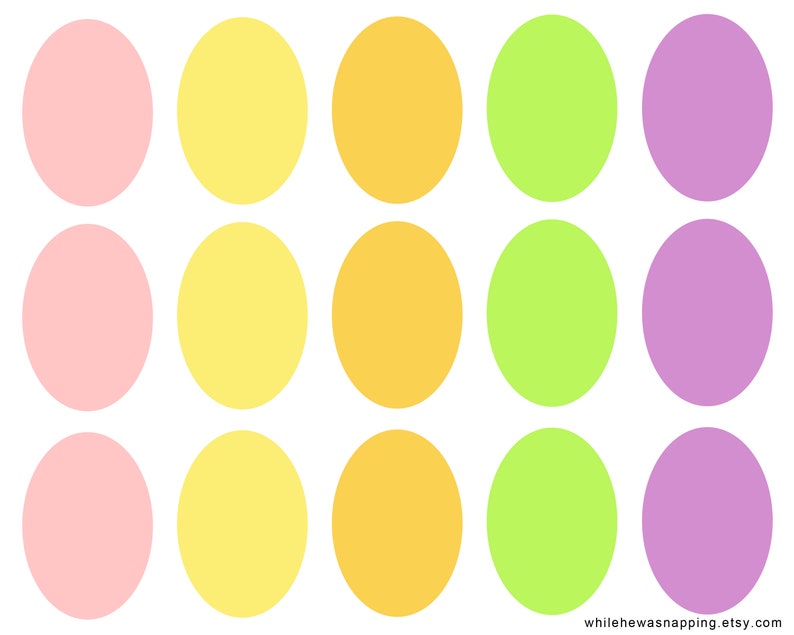 May include: A set of 15 pastel colored circles in pink, yellow, and green. The circles are arranged in three rows of five.