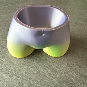 Könnte beinhalten: Ein 3D-gedruckter Pflanzentopf in Form einer Shorts. Der Topf hat einen Farbverlauf, der von Hellblau zu einem leuchtenden Gelbgrün übergeht. Der Innenraum ist einfarbig hellblau.