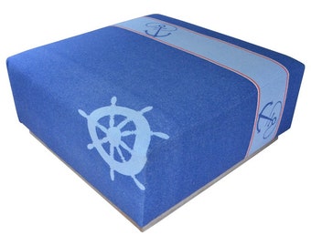 Ottoman Coffee Table Upholstered in Nautical Flannel Blanket on Barn Wood Base.
