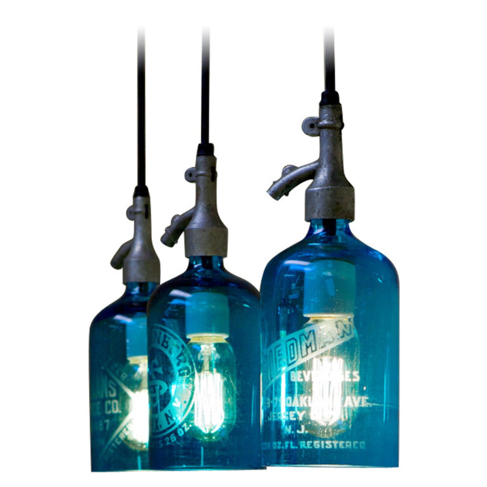 One Pendant Light from Etched Glass Seltzer Bottle