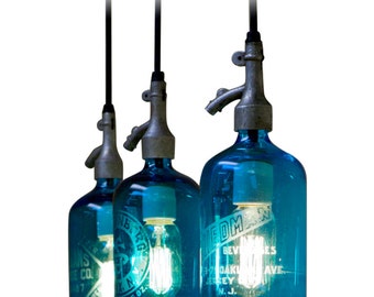 Pendant Light from Etched Glass Seltzer Bottle. Clear, Blue or Green Glass. Hard-wired.