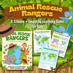 May include: A colorful educational game titled "Animal Rescue Rangers" for kids. The game includes a map, rescue cards, and a ranger journal. The image features illustrations of animals, a world map, and blue birds.