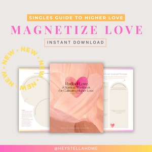 Puede incluir: Una descarga digital para un libro de trabajo titulado "Radiani Love: A Spiritual Workbook for Cultivating Higher Love." La portada presenta un diseño abstracto rosa y naranja con un corazón rosa en el centro. El texto "@HEYSTELLAHOME" está en la parte inferior de la portada.