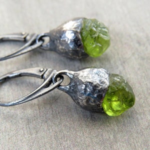 Oak Acorn Earrings, Rough Stone Earrings, Raw Crystal Earrings, Rough Peridot Earrings, Botanical Jewelry, Forest Earrings, Acorn Jewelry