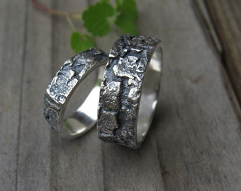 Couples Ring Set, Tree Bark Rings, Artisan Matching Silver Rings, Boho Promise Rings, Nature Inspired Ring