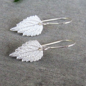 May include: A pair of silver earrings with a leaf design. The leaves are textured and have a delicate, organic look.
