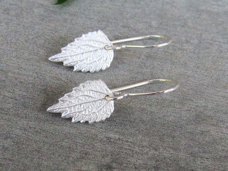 May include: A pair of silver earrings with a leaf design. The leaves are textured and have a delicate, organic look.