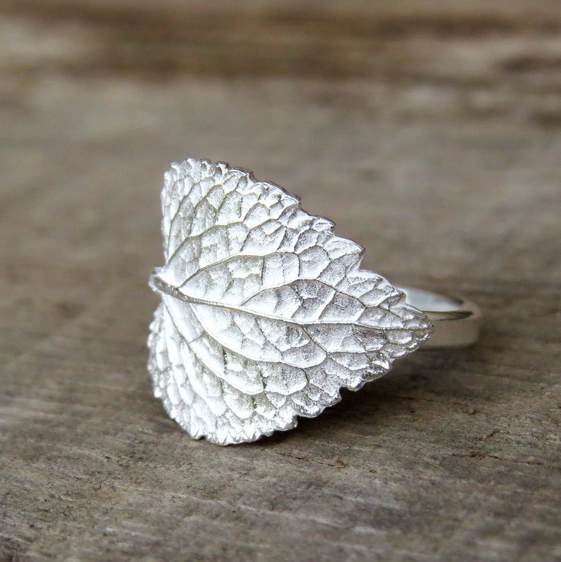 May include: A silver ring with a detailed leaf design. The ring is made of sterling silver and features a realistic leaf shape.