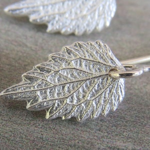 May include: A pair of silver earrings featuring a detailed leaf design. The leaves are textured and have a delicate, organic look.