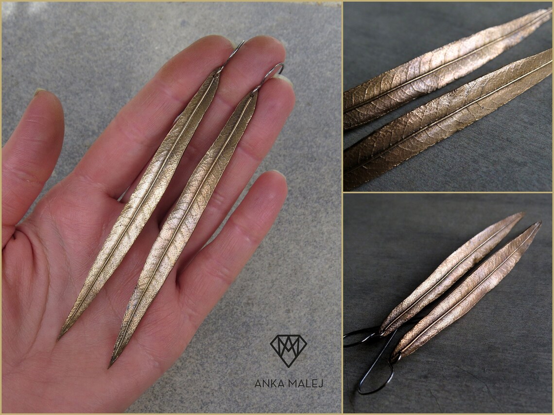 Übergroße Weide Ohrringe rustikale Bronze echte Blatt | Etsy